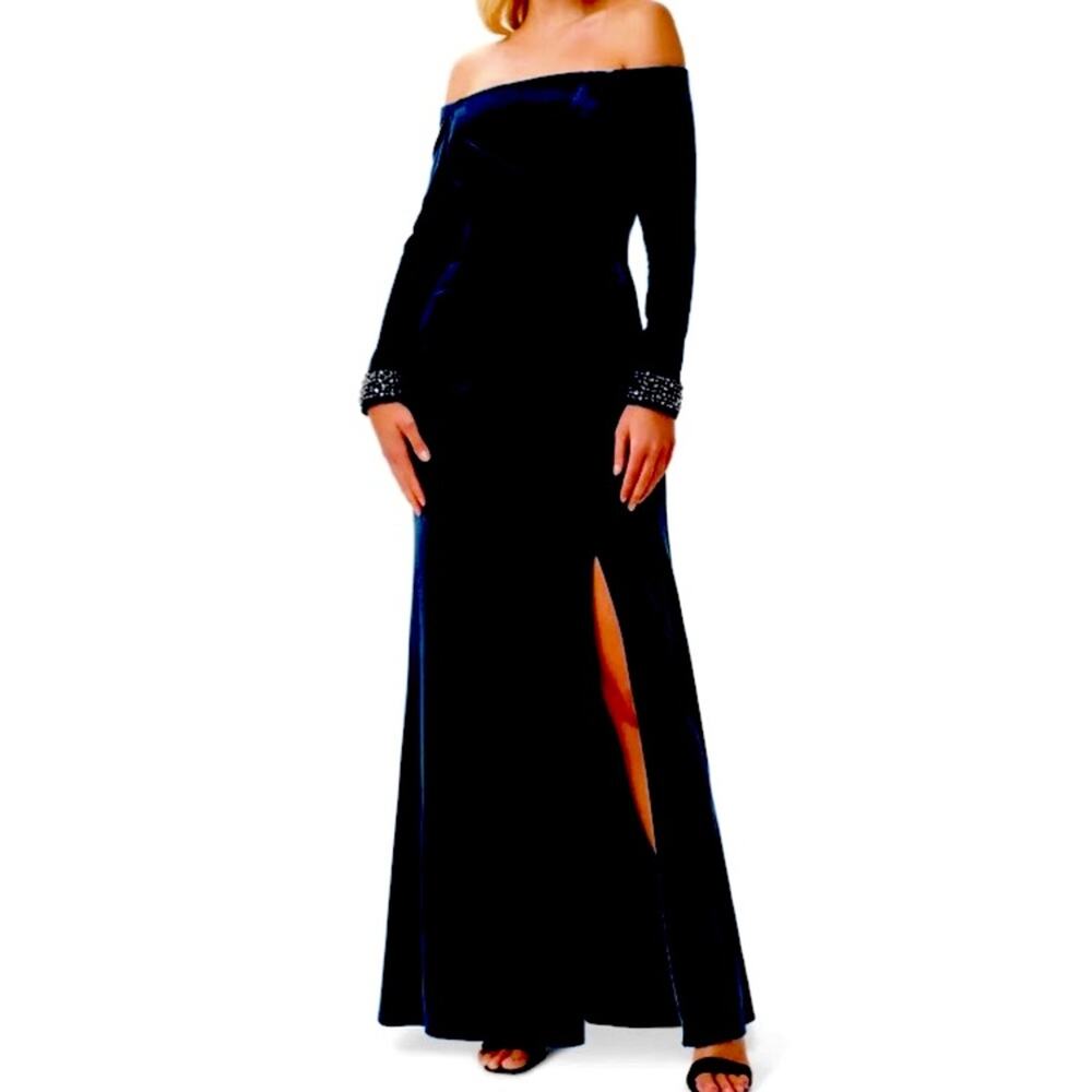 MSRP$249 Adrianna Papell Off-The-Shoulder Embellished-Cuff Gown Beaded Dress 2